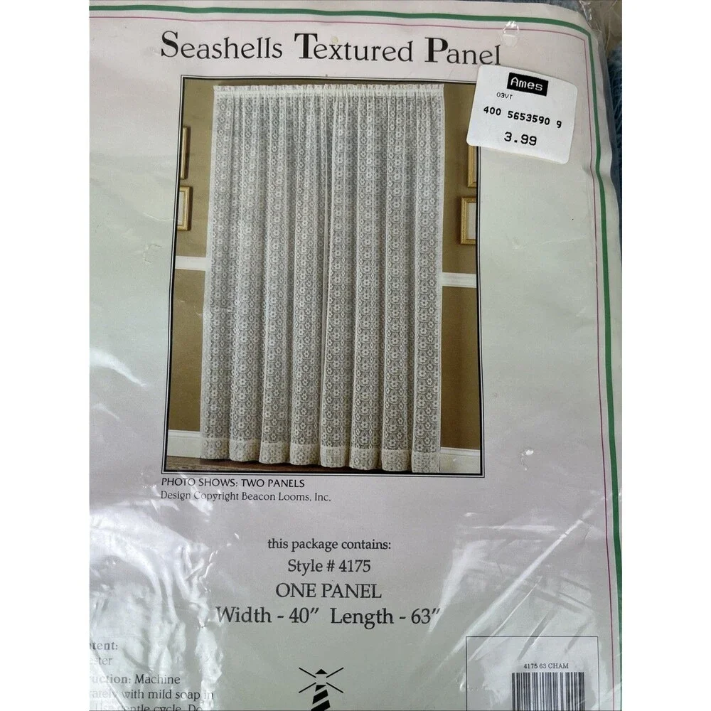 2 VTG Ames NOS Beacon Looms Blue Seashells‎ Textured Curtain Panel W40xL63” USA